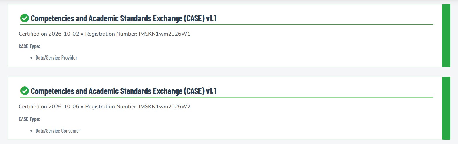 1EdTech 인증 제품 목록의 1EdTech CASE v1.1 인증 항목 두 개: 2026-10-02 Data/Service Provider(IMSKN1wm2026W1), 2026-10-06 Data/Service Consumer(IMSKN1wm2026W2)