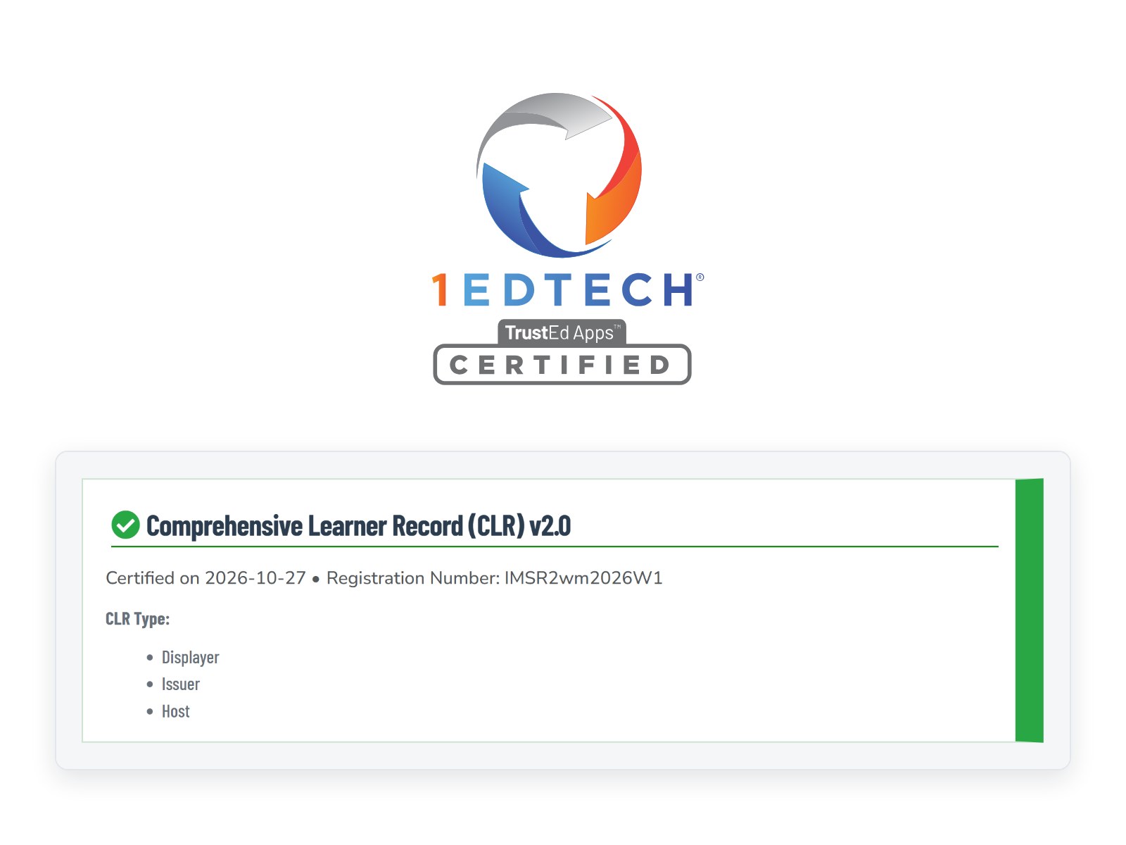 위는 1EdTech TrustEd Apps Certified 로고, 아래는 1EdTech 인증 제품 목록의 Comprehensive Learner Record (CLR) v2.0 인증 항목: 2026-10-27 인증, 등록번호 IMSR2wm2026W1, CLR Type Displayer·Issuer·Host