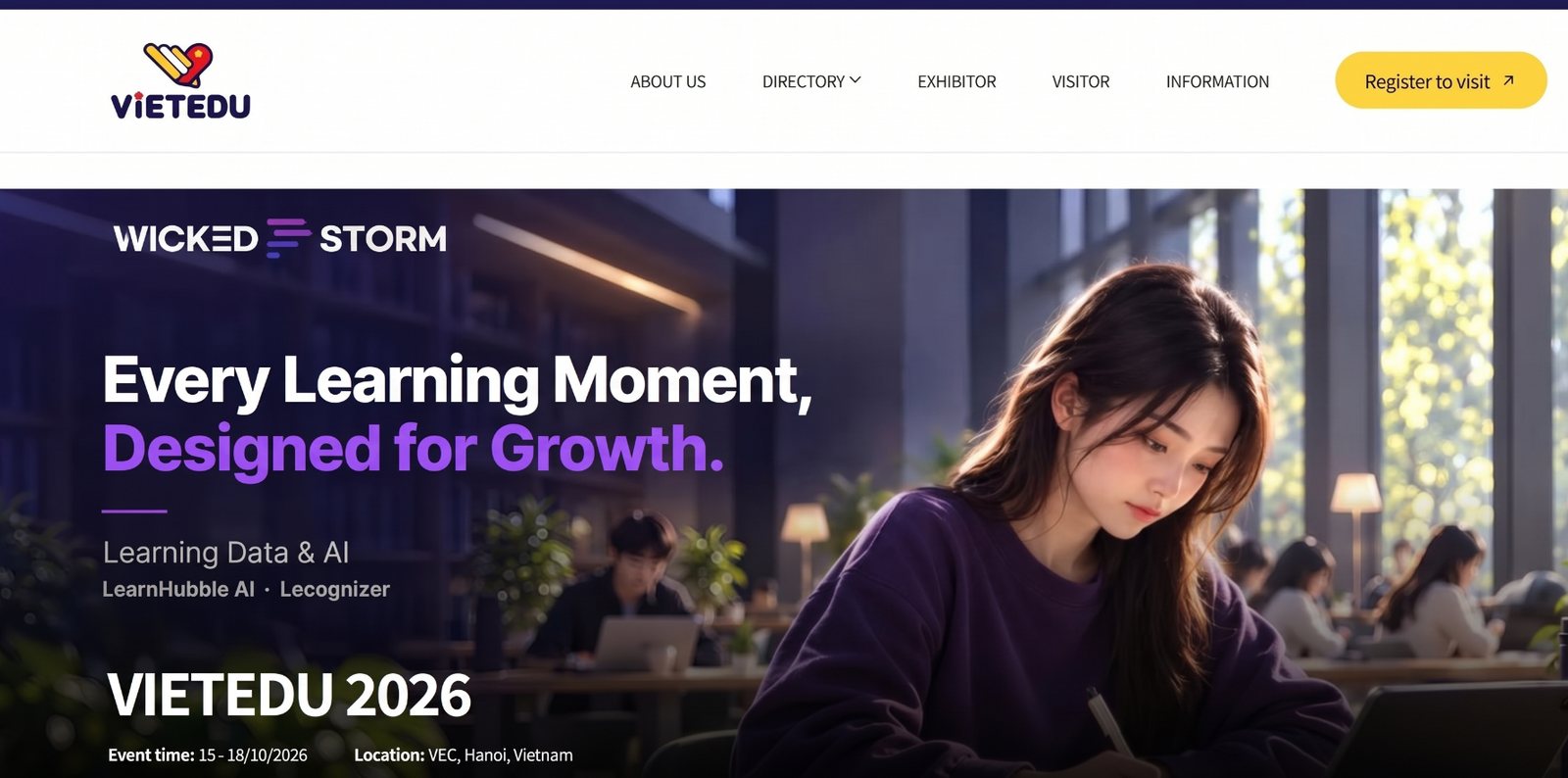 VIETEDU 공식 홈페이지 첫 화면에 실린 위키드스톰 배너 광고. ‘Every Learning Moment, Designed for Growth.’ 문구와 LearnHubble AI·Lecognizer, 박람회 일정과 장소가 적혀 있다